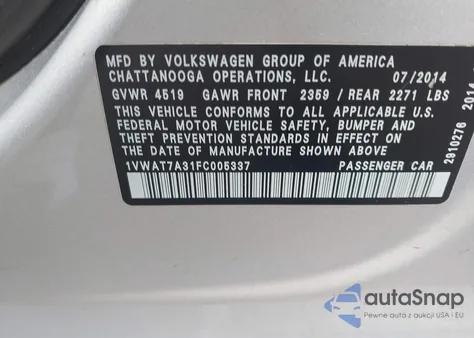 2015 Volkswagen Passat 1.8T Wolfsburg Edition z USA, uszkodzony, nr VIN 1VWAT7A31FC005337